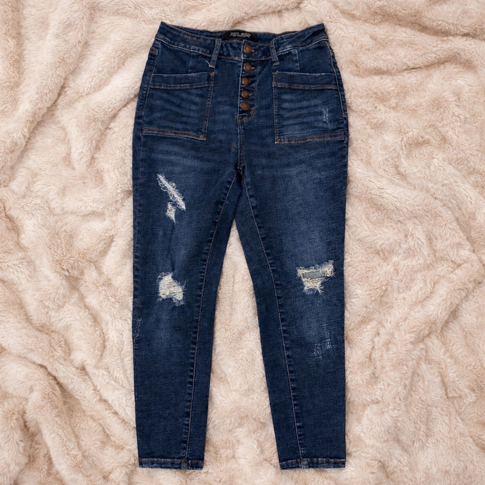Judy Blue High Rise Distressed Skinny Jeans Button Fly Stretch Denim Size 7/28‎